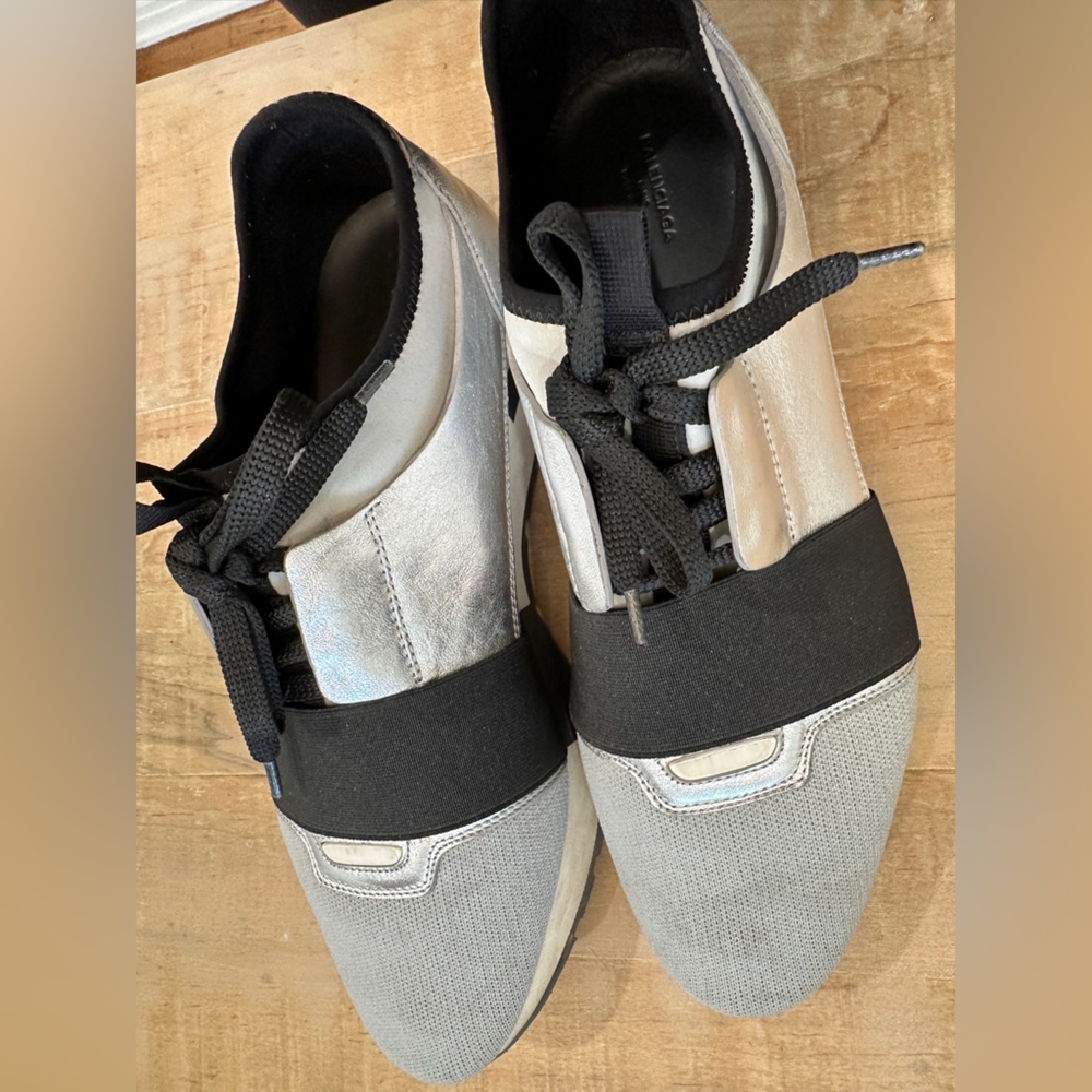 Balenciaga race runner sneakers metallic silver grey black leather tennis shoes - Picture 7 of 14